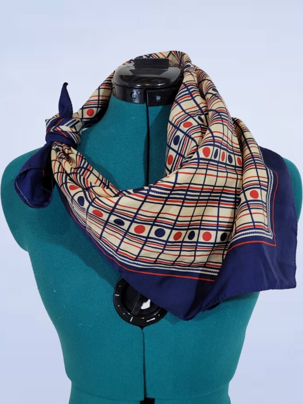 Vintage Polyester Geometric Square Scarf Navy Blue Border